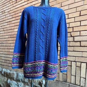 Vintage Liz Claiborne Liz Wear boho blue Knit oversized beaded Sweater Medium